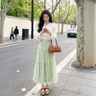 绿色纱裙半身裙女春夏2026新款 高级感显瘦网纱褶皱a字百褶裙伞裙