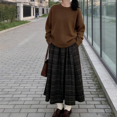 中长款大摆A字毛呢格子半身裙