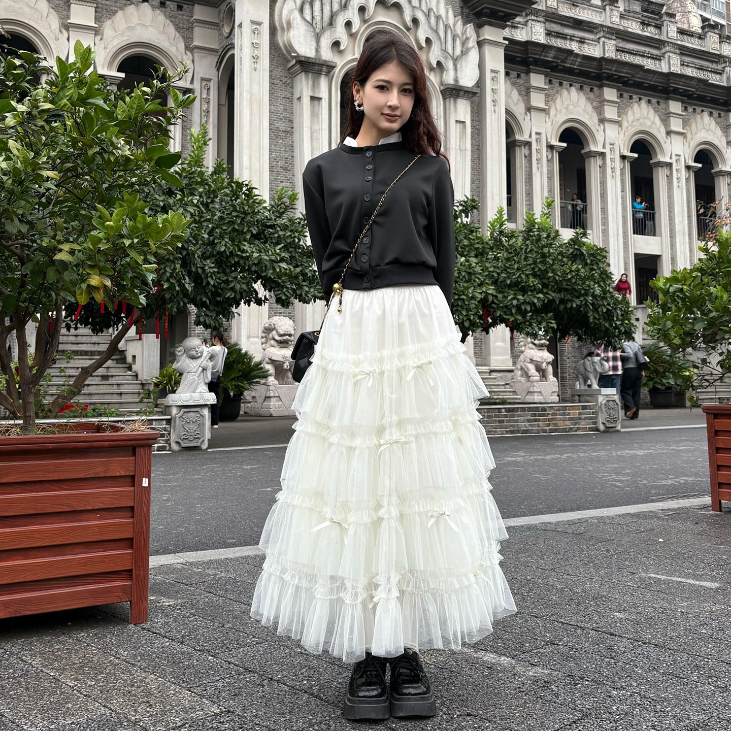 甜美少女风蝴蝶结网纱蓬蓬半身裙女春夏a字大摆层层蛋糕纱裙长裙