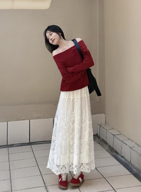 白色蕾丝刺绣高腰半身裙女秋冬大码胖mm设计感时尚宽松显瘦a字裙