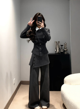 大码设计感屁帘拼接假两件微喇裤女秋冬新款胖mm遮肉显瘦灰色裤子