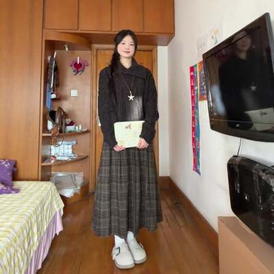 中长款百褶裙A字毛呢格子半身裙