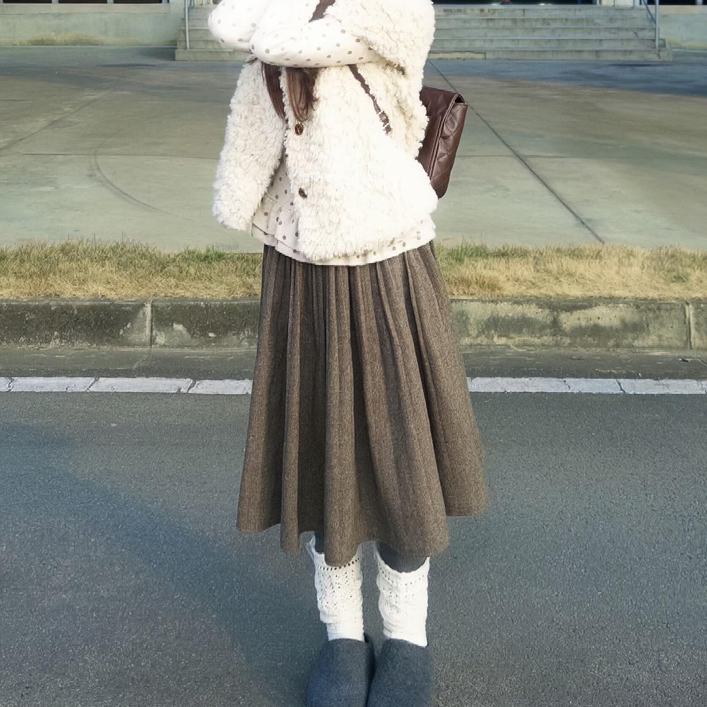 复古学院风宽松显瘦压褶中长裙肌理感条纹羊毛呢子遮胯A字半身裙