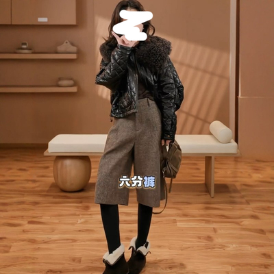 中高腰休闲裤五分毛呢裤