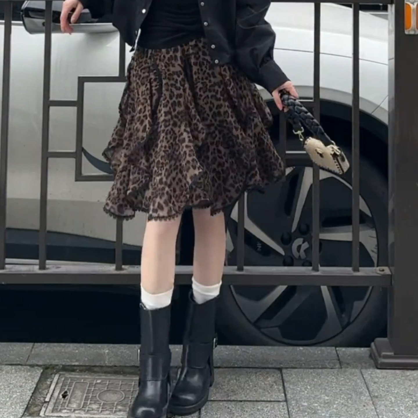 设计感小众不规则蕾丝拼接豹纹半身裙女2026夏季新款法式高腰中裙