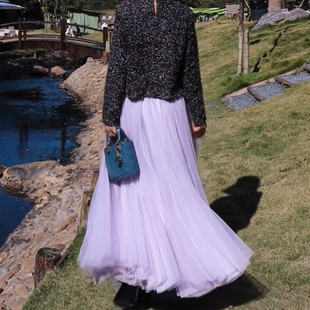 紫色A字垂感网纱半身裙春遮跨大摆百褶长裙仙女高腰显瘦超仙纱裙