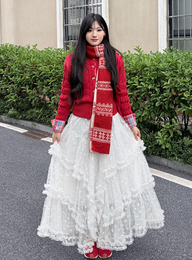 175高个子设计感蕾丝拼接半身裙女春秋加长甜美白色网纱a字半身裙