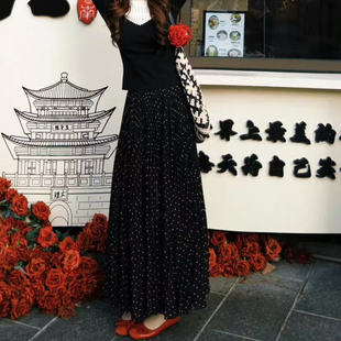 优雅风黑色波点百褶半身裙2026高级感超好看高腰显瘦百搭气质长裙