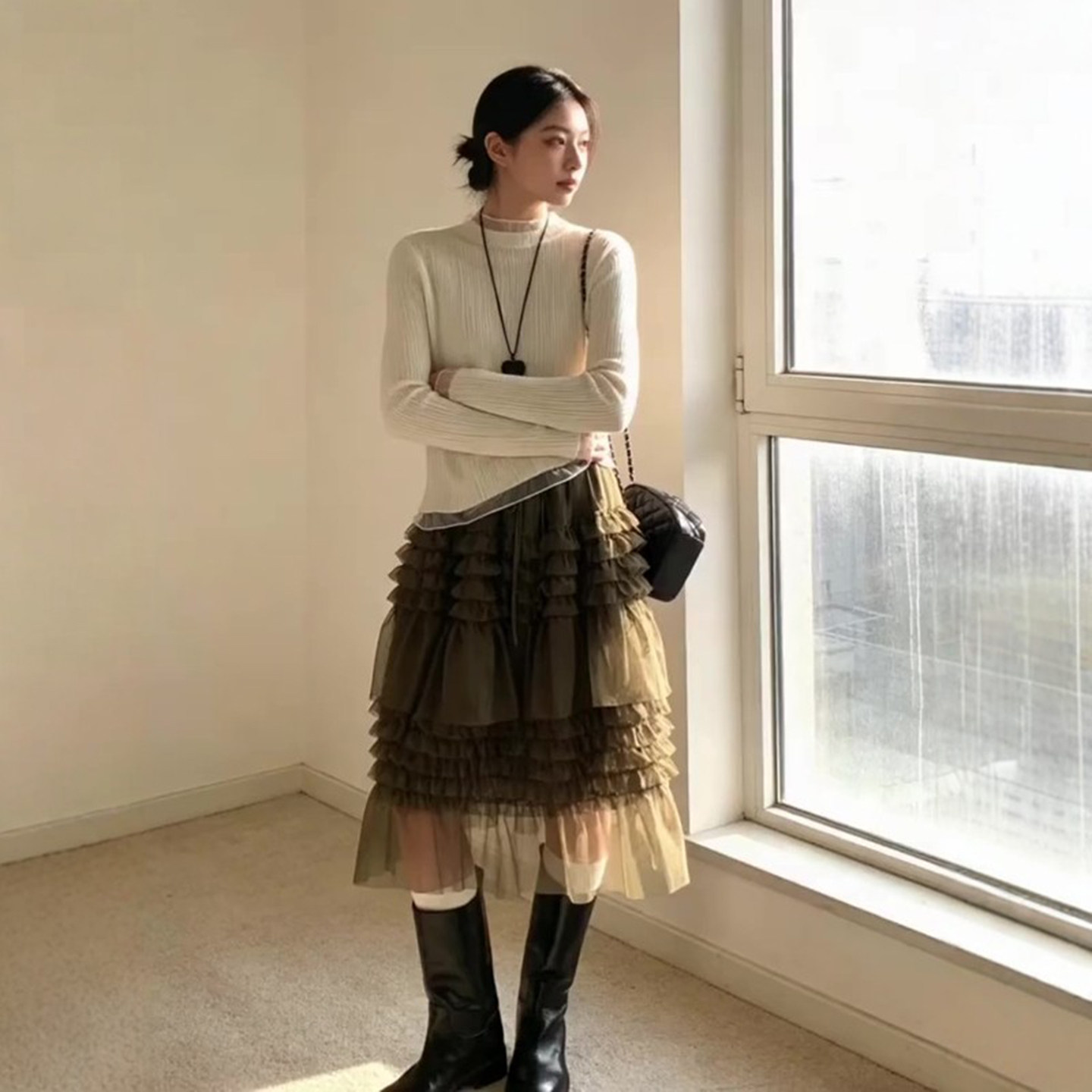 甜美木耳边拼接蓬蓬蛋糕中裙子女春季2026新款高腰显瘦网纱半身裙