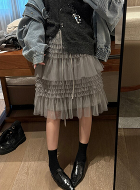 灰色网纱蛋糕裙半身裙女春季2026新款显瘦拼接a字中长蓬蓬裙子