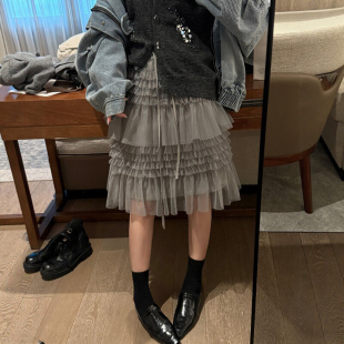 灰色网纱蛋糕裙半身裙女春季 显瘦拼接a字中长蓬蓬裙子 2026新款