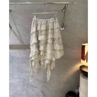 26春装 复古蕾丝不规则半身裙设计感多层斜边松紧腰轻柔蛋糕裙 法式