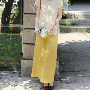 日系棉麻半身裙女夏季薄款气质中长款显瘦a字高腰直筒开叉中长裙