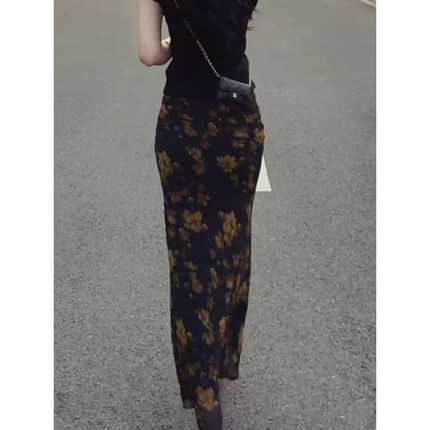 法式复古气质碎花半身裙女夏季新款高腰显瘦性感包臀裙a字长裙