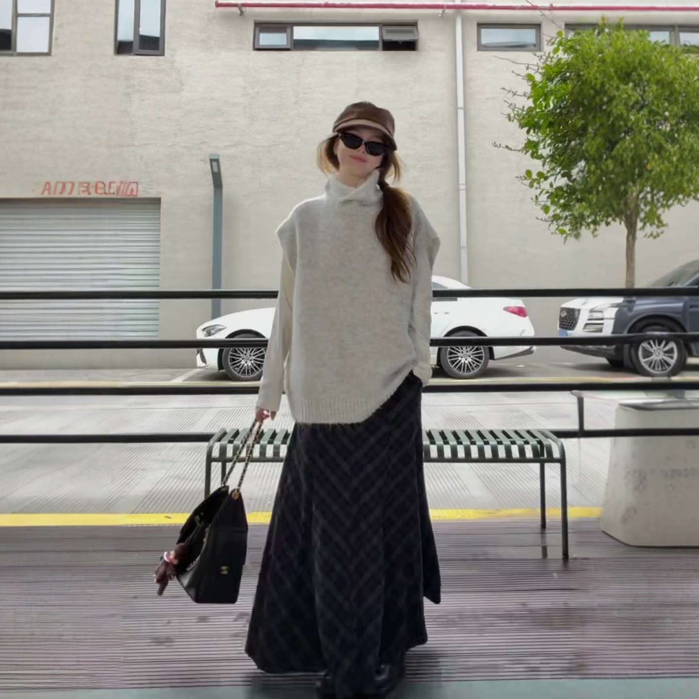 长裙大摆A字毛呢格子半身裙