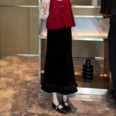 高级感丝绒半身裙女秋冬2025新款 气质高腰中长款 木耳边一步包臀裙