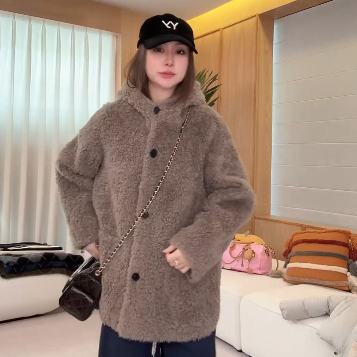 林肉肉【慵懒感连帽单排扣外套】绵羊毛毛绒外套女冬季摇粒绒上衣,女装/女士精品,短外套,淘宝优惠券,粉丝福利购,淘宝优惠卷
