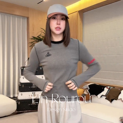 林肉肉【字母撞色刺绣打底衫】拼接长袖T恤女春2025新款内搭上衣