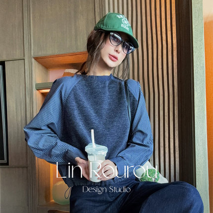 林肉肉【撞色拼接高级感长袖T恤】蓝色插肩圆领卫衣女秋宽松上衣