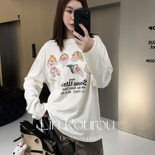 纯棉T恤时髦百搭上衣 多色印花套头长袖 林肉肉 小矮人印花长袖