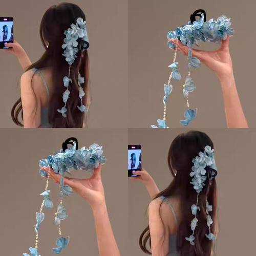 超仙花间瀑布春季流苏绣球花抓夹后脑勺发夹蓝色绣球外出花朵头饰
