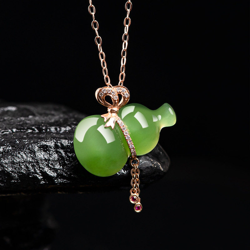 天然老料和田玉碧玉葫芦吊坠正品18K金镶玉石男士项链女款挂件