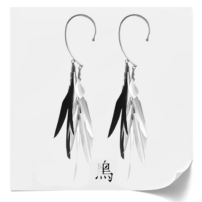 黑鸟黑白拼接翅膀长款耳挂cosplay二次元原创女小众夸张耳环耳饰