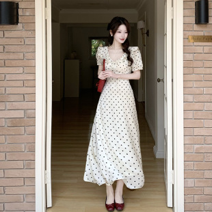 xfj1353法式木耳边系带泡泡袖收腰显瘦复古波点连衣裙女2025新款