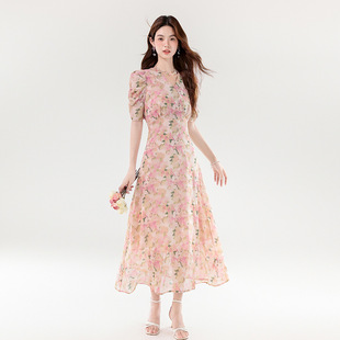 波西米亚连衣裙子中长款 V领温柔优雅气质收腰显瘦气质仙女 女法式