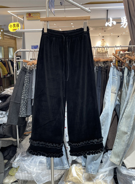 题町56289正版冬季韩系松紧腰花边设计加绒加厚丝绒休闲阔腿裤女