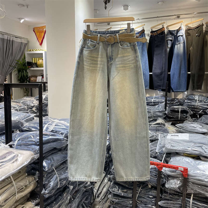 欧货F3607正版冬季韩系高腰宽松显瘦做旧复合绒阔腿弯刀牛仔裤女