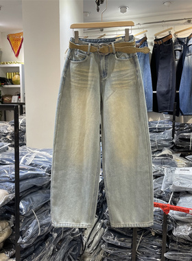欧货F3607正版冬季韩系高腰宽松显瘦做旧复合绒阔腿弯刀牛仔裤女