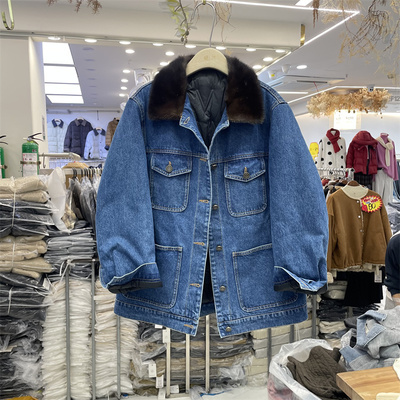 8090服饰B25966冬季韩系水貂毛翻领中长款90鹅绒牛仔羽绒服外套女