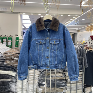 8090服饰B25898冬季韩系时尚水貂毛翻领90鹅绒牛仔羽绒服短外套女