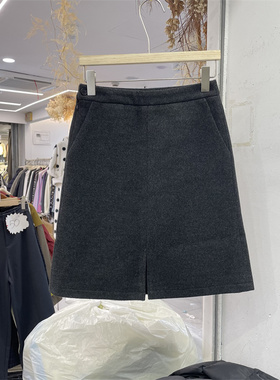 8090服饰B25950正版冬季韩版高腰前开衩设计中裙女羊毛呢料半身裙