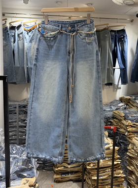 欧货37291正品春新款韩系高腰裤脚花边宽松显瘦窄版阔腿牛仔裤女