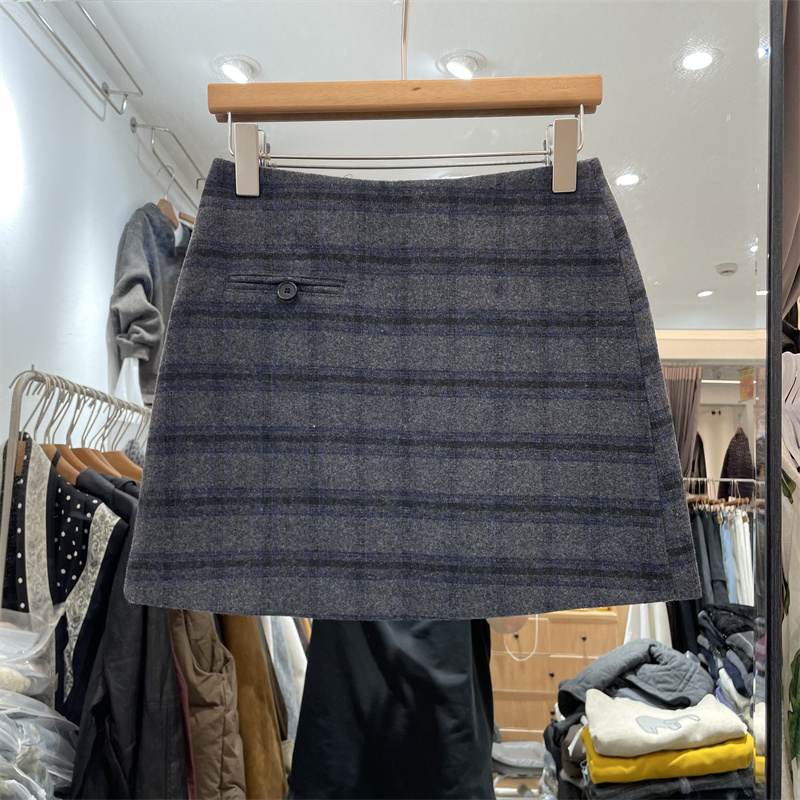8090服饰B25839-1正版冬季韩版高腰显瘦羊毛呢格子半身裙A字短裙