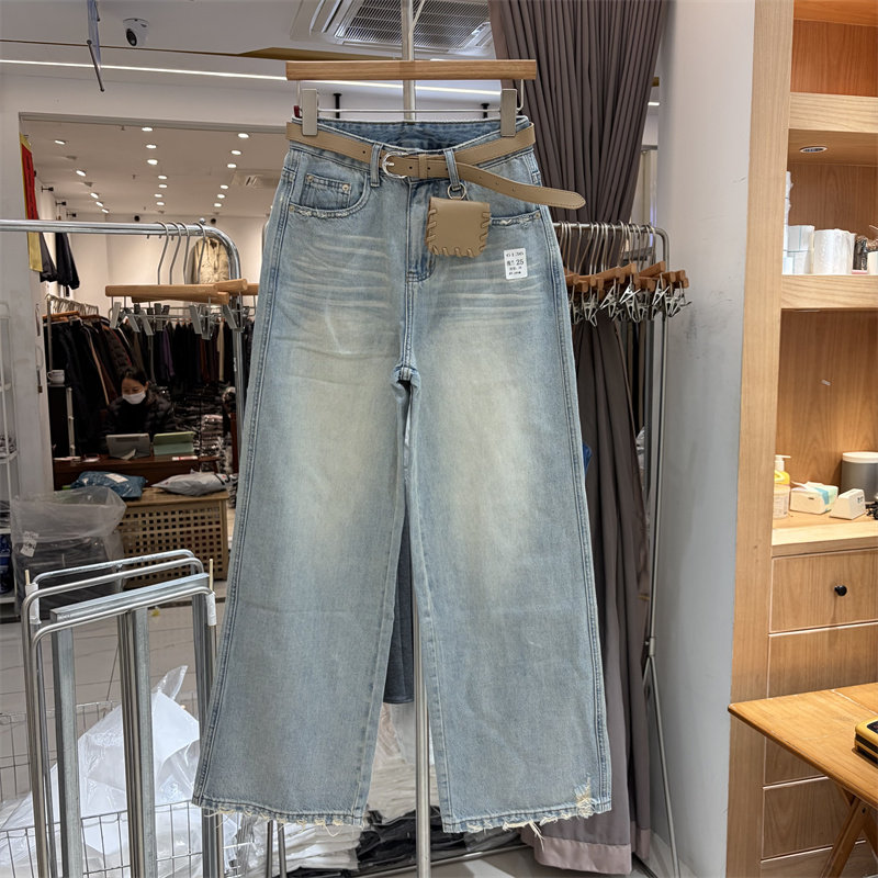 欧货6136正品复古水洗磨破边高腰宽松显瘦阔腿牛仔裤女2026春新款