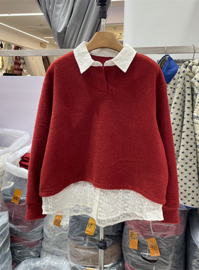 HMY31217冬季新款韩系时尚拼接蕾丝设计翻领假两件套头羊毛卫衣女