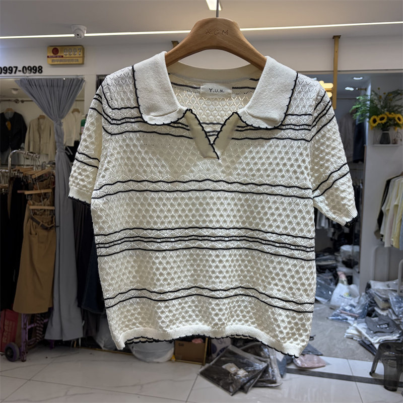 Y.U.N8006正品春夏韩系宽松时尚撞色条纹polo领短袖针织衫上衣女