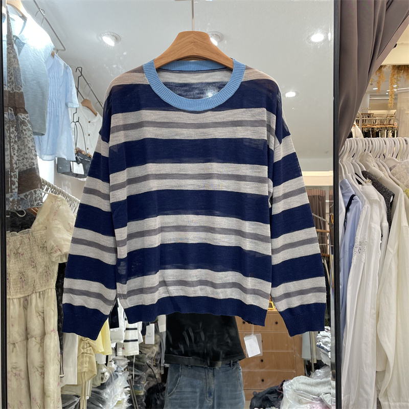 欧洲站87172冰丝针织衫女夏季撞色边领显瘦百搭彩色条纹防晒上衣
