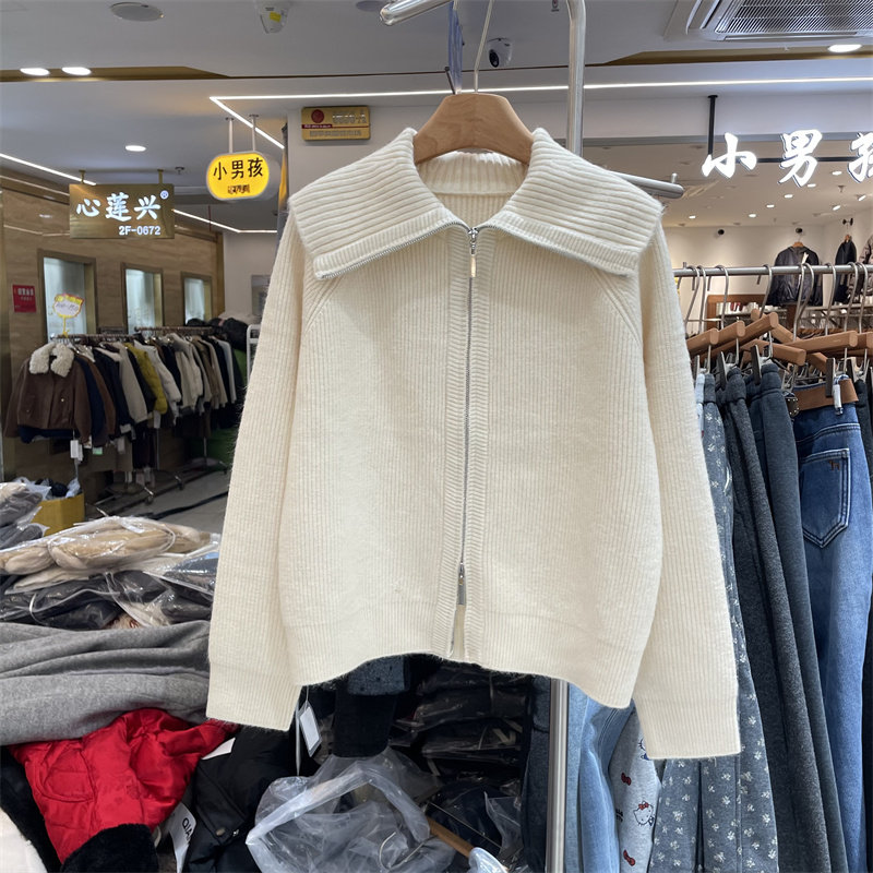 欧洲站2025冬新款韩版宽松时尚翻领双拉链羊毛针织开衫毛衣外套女,女装/女士精品,毛针织衫,淘宝优惠券,粉丝福利购,淘宝优惠卷