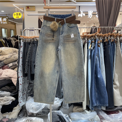 欧货3519-1正版冬季韩系做旧高腰宽松显瘦复合绒加厚弯刀牛仔裤女