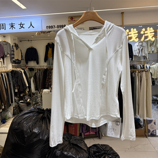 显瘦抽绳连帽减龄螺纹棉T恤衫 韩系修身 上衣女 春新款 壹彩1277正版