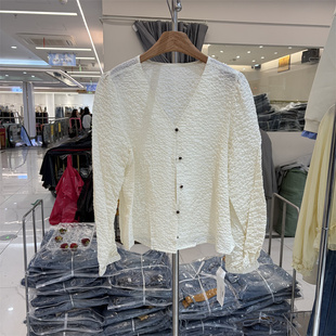 女肌理感V领宽松长袖 欧洲站2026春季 衬衫 泡泡袖 上衣5061 韩系时尚