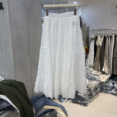 欧洲站2026年春季韩系松紧腰显瘦中长款白色超仙半身裙女8783