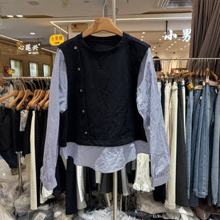 衬衫 宽松圆领设计感拼接假两件长袖 女2019 韩系时尚 欧洲站2026春季