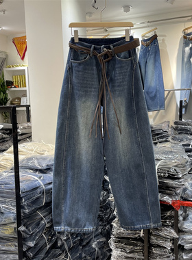 欧货F3529正版冬季韩系复古高腰宽松显瘦百搭复合绒弯刀牛仔裤女