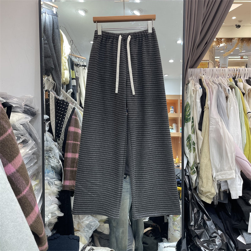 欧洲站2586-1冬季新款抽绳松紧腰显瘦百搭加绒加厚条纹休闲裤女装
