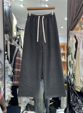 欧洲站2586-1冬季新款抽绳松紧腰显瘦百搭加绒加厚条纹休闲裤女装